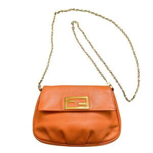 Fendi Orange Leather Pochette Crossbody Bag Removable Gold Tone Chain With COA